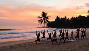 Surf camp yoga session in Weligama