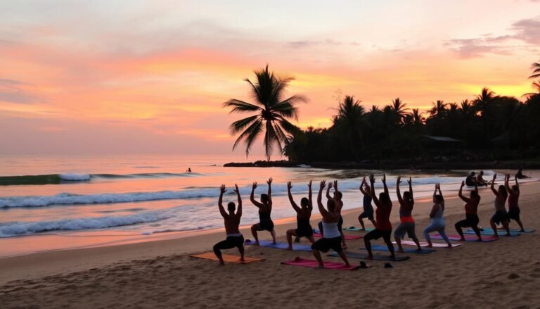 Surf camp yoga session in Weligama